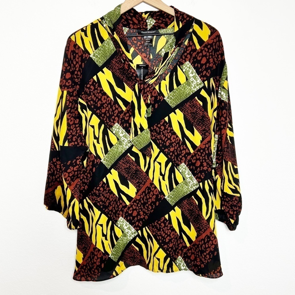 ASHLEY STEWART WOMEN PLUS SIZE MULTICOLOR PRINT LONG SLEEVE BLOUSE 26 28W NEW